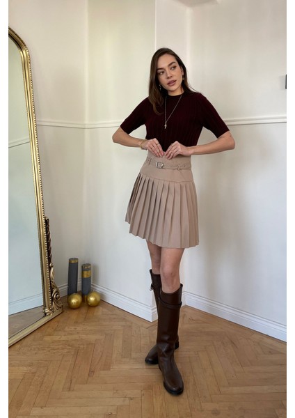 Pileli Kemerli Etek- Bej
