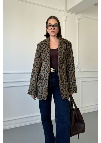 Kruvaze Kaşe Leopar Ceket- Siyah