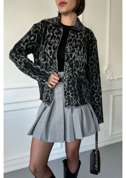 Tüylü Leopar Desenli Hırka- Gri