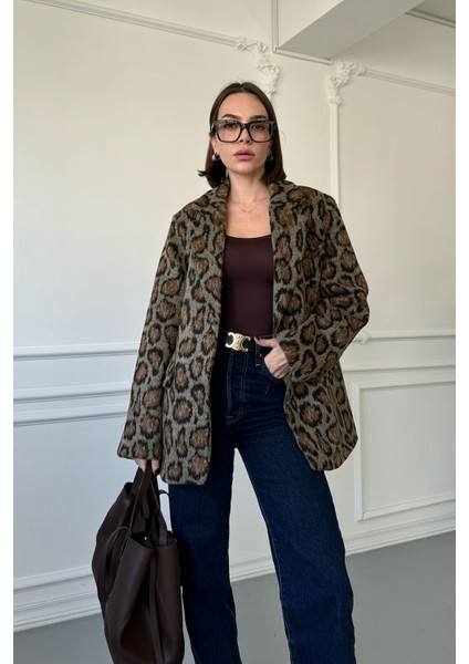 Kruvaze Kaşe Leopar Ceket- Siyah