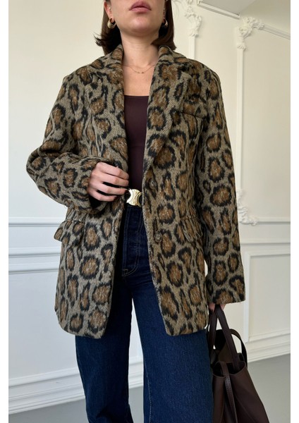 Kruvaze Kaşe Leopar Ceket- Siyah modelleri