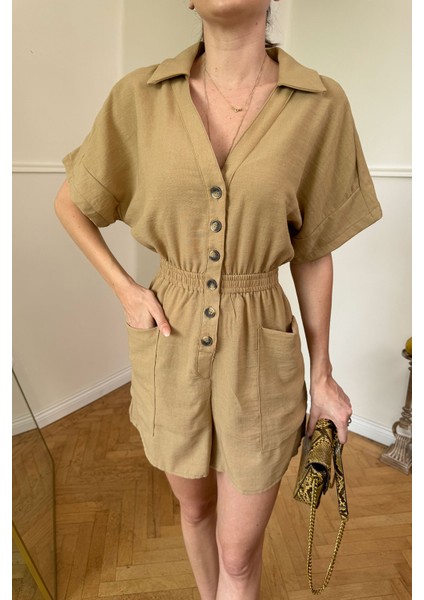 Şortlu Keten Mini Tulum- Camel fiyatları