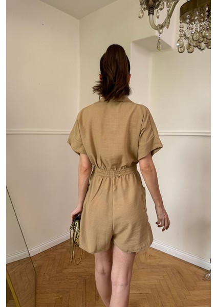 Şortlu Keten Mini Tulum- Camel indirimleri