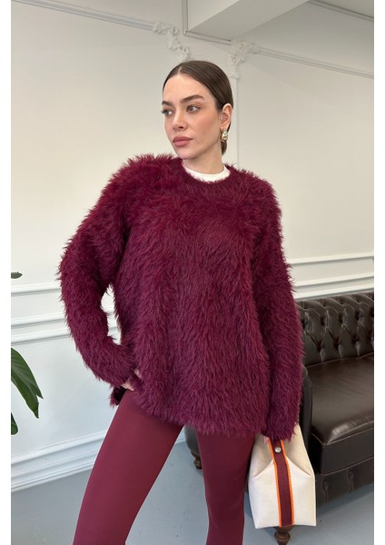 Bisiklet Yaka Tüylü Premium Kazak Bordo