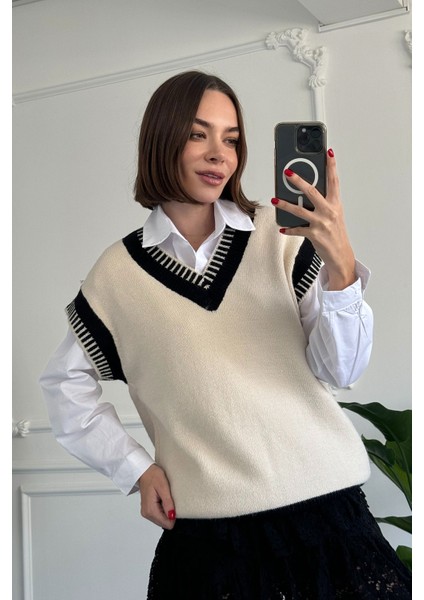 V Yaka Triko Süveter- Taş