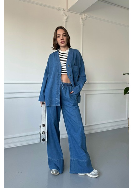 Duble Paça Denim Takım Mavi