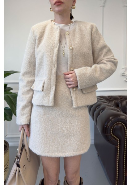 İnci Düğmeli Etekli Kaşe Takım- Bej fiyatları