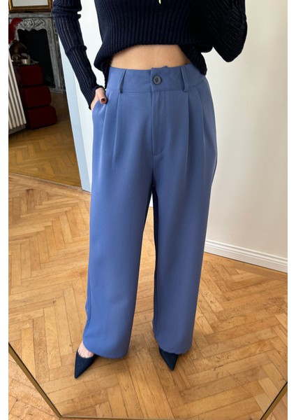 Pileli Kumaş Palazzo Pantolon- Mavi
