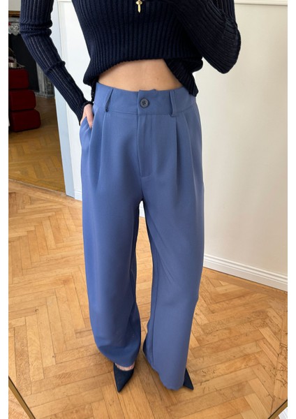 Pileli Kumaş Palazzo Pantolon- Mavi modelleri