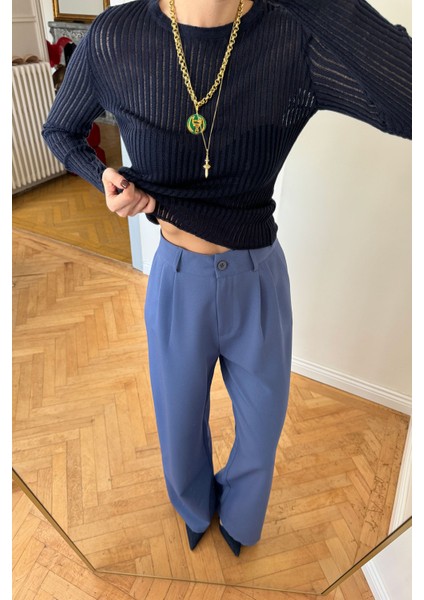 Pileli Kumaş Palazzo Pantolon- Mavi fırsatları