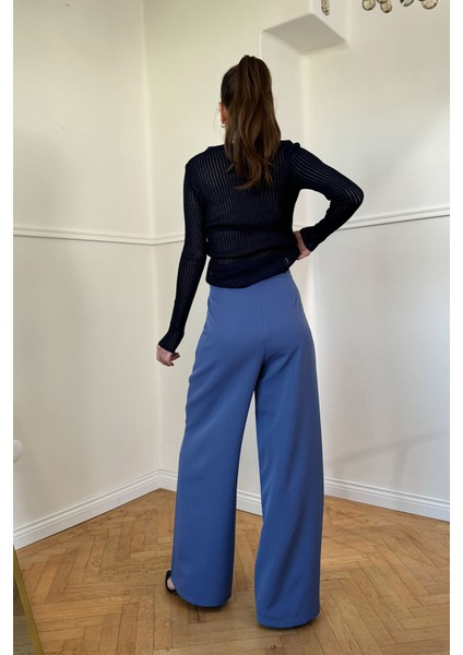 Pileli Kumaş Palazzo Pantolon- Mavi indirimleri