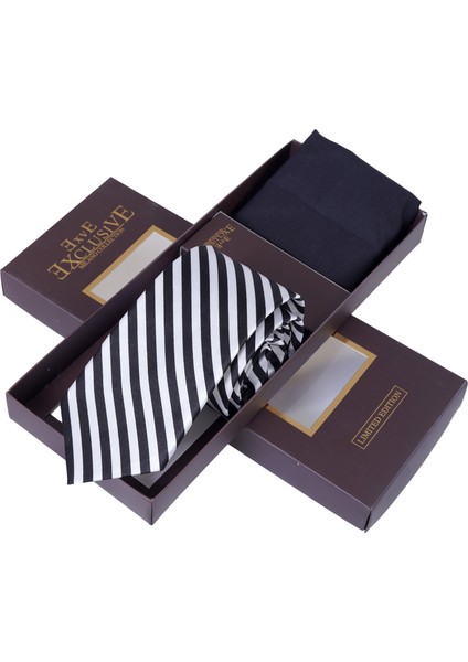 Siyah Beyaz Çizgili Hediyelik Kutulu Kravat Mendil Seti