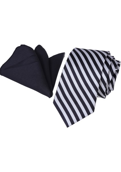 Siyah Beyaz Çizgili Hediyelik Kutulu Kravat Mendil Seti fiyatları