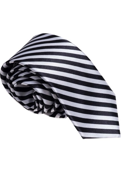 Siyah Beyaz Çizgili Hediyelik Kutulu Kravat Mendil Seti modelleri