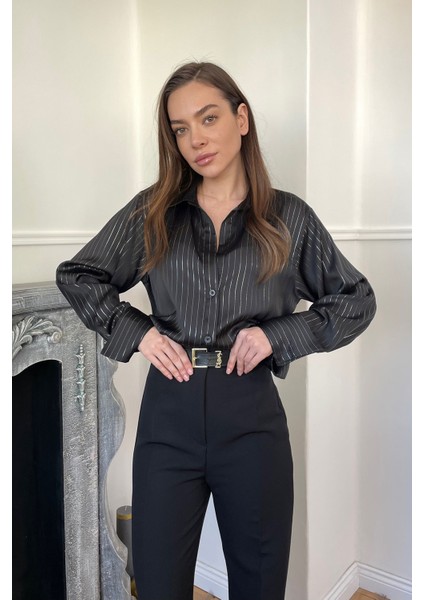 Zra Çizgili Saten Gömlek- Siyah