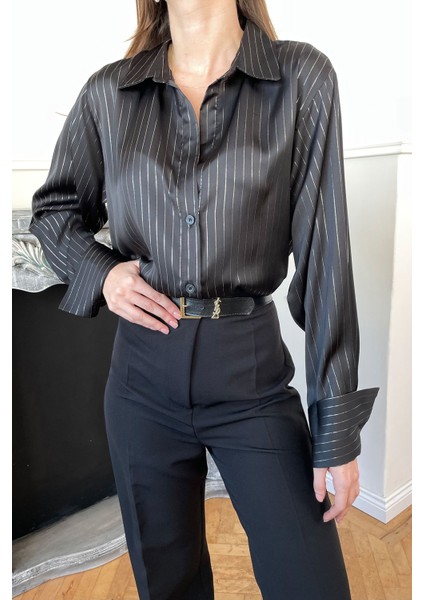 Zra Çizgili Saten Gömlek- Siyah fırsatları