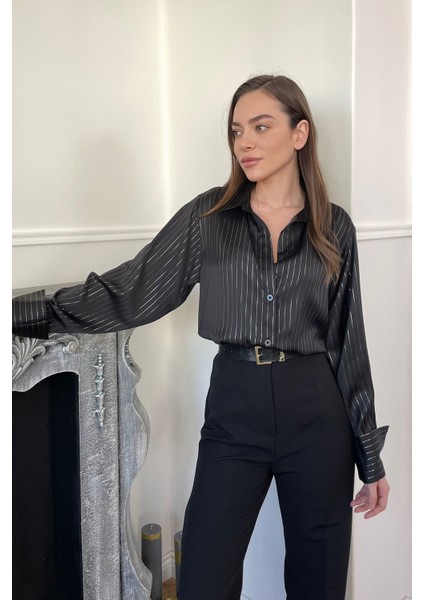 Zra Çizgili Saten Gömlek- Siyah indirimleri