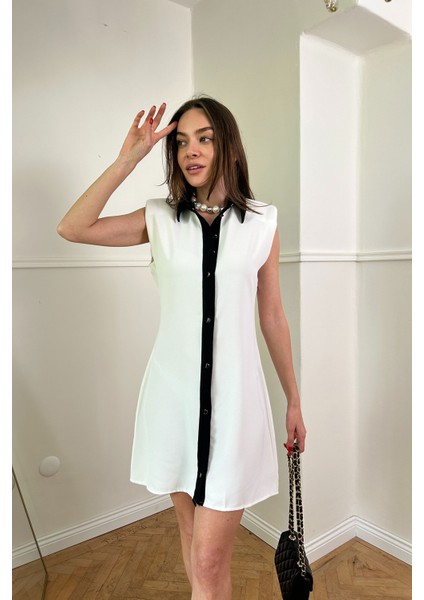 Crep Kumaş Sıfır Kol Gömlek Elbise- Ekru