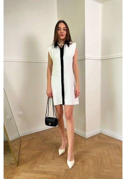 Crep Kumaş Sıfır Kol Gömlek Elbise- Ekru fiyatları