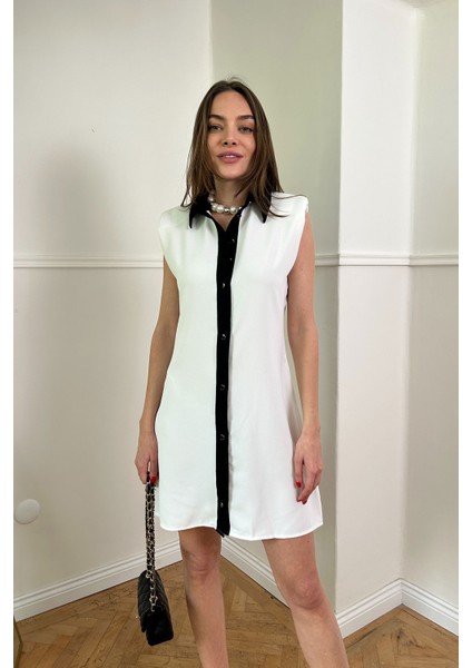Crep Kumaş Sıfır Kol Gömlek Elbise- Ekru modelleri