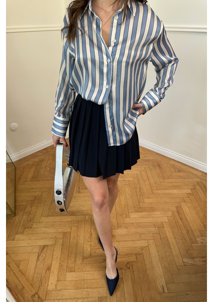 Çizgili Oversize Saten Gömlek- Mavi