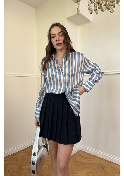 Çizgili Oversize Saten Gömlek- Mavi