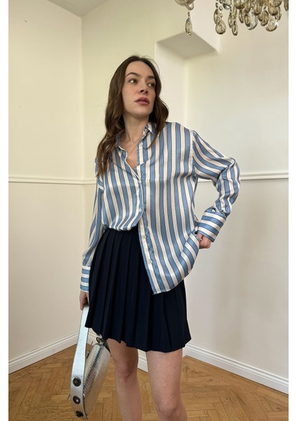 Çizgili Oversize Saten Gömlek- Mavi