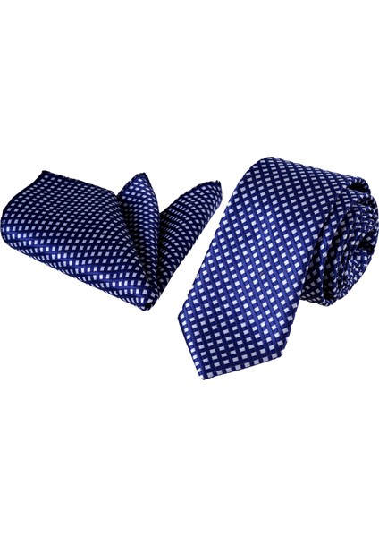 Lacivert Beyaz Kafes Desenli Hediyelik Kutulu Kravat Mendil Seti fiyatları