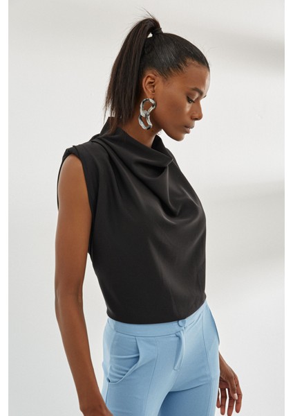 Omuz Vatkalı Bluz- Siyah