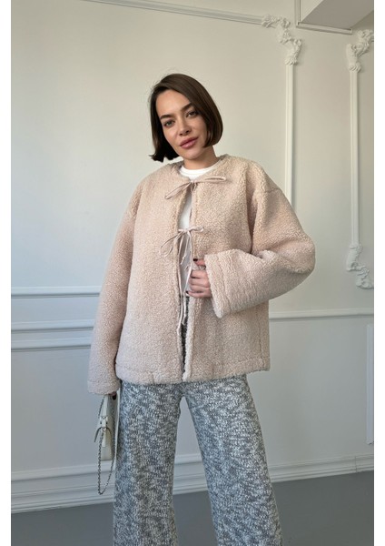 Bağlamalı Peluş Ceket- Taş