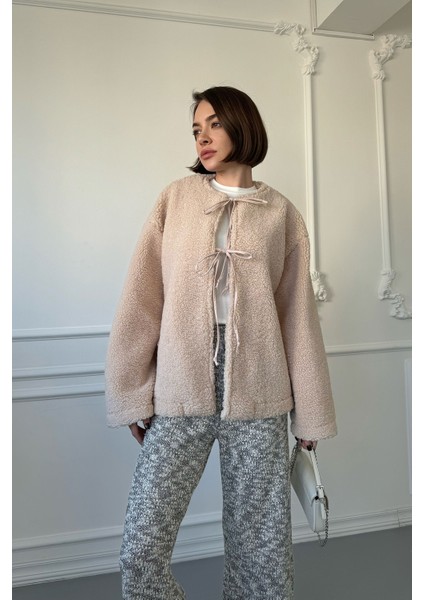 Bağlamalı Peluş Ceket- Taş