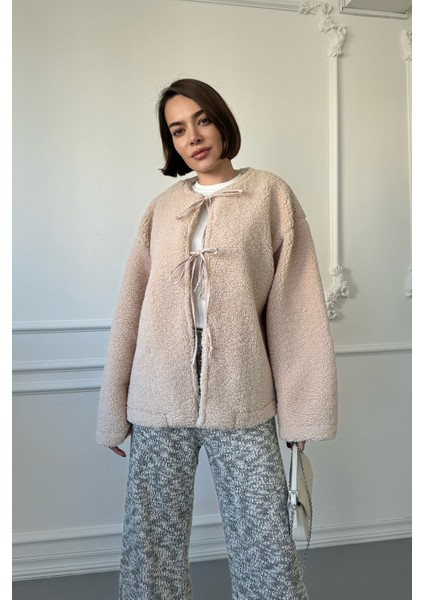 Bağlamalı Peluş Ceket- Taş