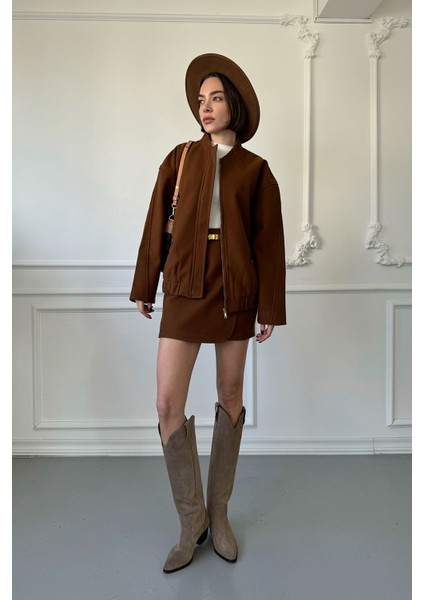 Patlı Kaşe Ceket Takım- Kahverengi