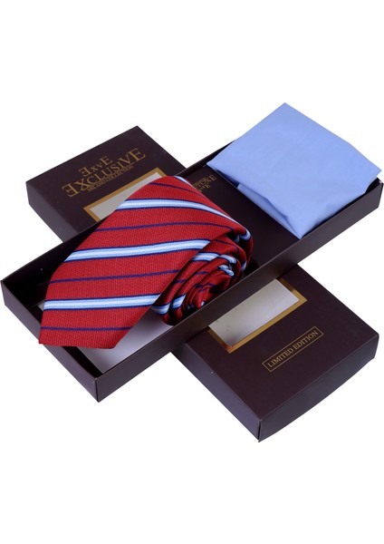 Kırmızı Mavi Lacivert Çizgili Hediyelik Kutulu Kravat Mendil Seti