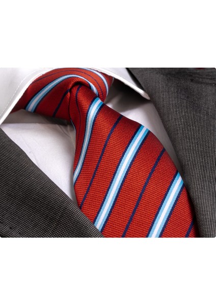 Kırmızı Mavi Lacivert Çizgili Hediyelik Kutulu Kravat Mendil Seti modelleri