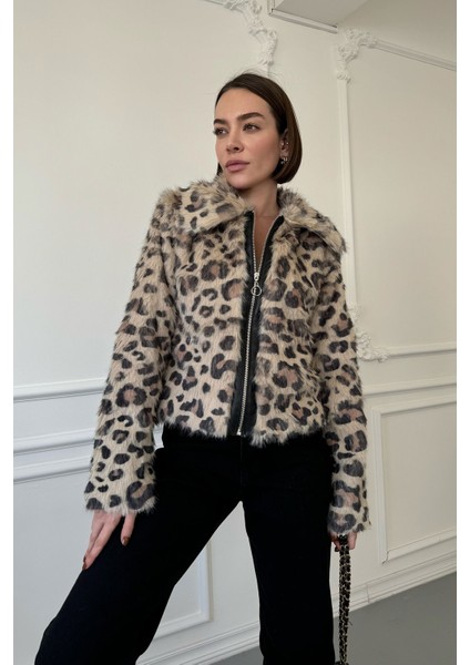 Fermuarlı Leopar Kürk Ceket- Bej