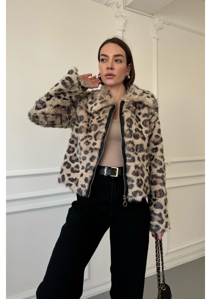 Fermuarlı Leopar Kürk Ceket- Bej modelleri