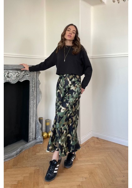 Beli Lastikli Kamuflaj Desen Saten Etek- Haki