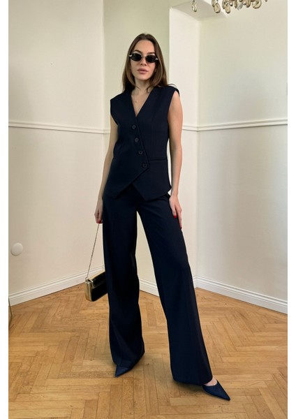 Kruvaze Yelekli Takım- Lacivert