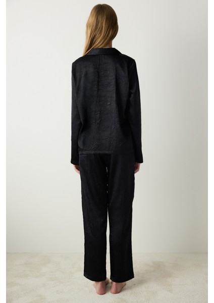 Siyah Saten Siyah Gömlek Pantolon Pijama Takımı fırsatları