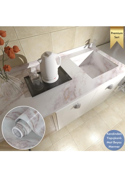 60 x 100 cm Mermer Desen Kendinden Yapışkanlı Duvar Kağıdı Kaplama Mutfak Tezgeh Masa Folyo Beyaz 2