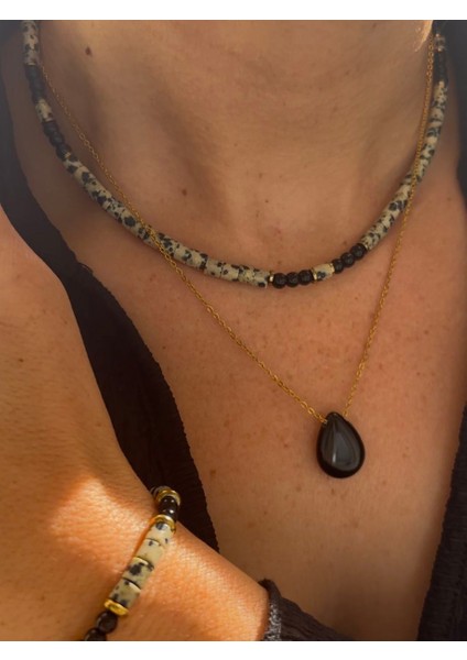 Obsidyen , Benekli Jasper Doğaltaş Kokue Bileklik Seti