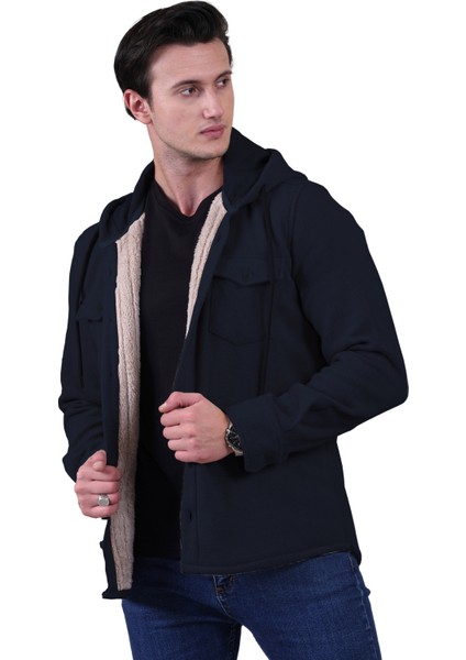 Lacivert Tek Renk Düz Sade Kapüşonlu Içi Yün Kürklü Kışlık Oduncu Ceket Gömlek