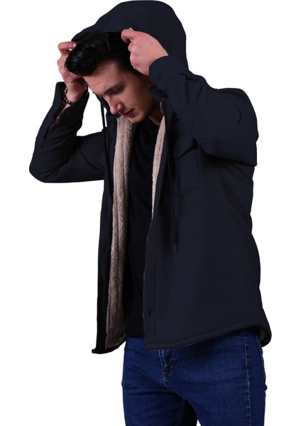 Lacivert Tek Renk Düz Sade Kapüşonlu Içi Yün Kürklü Kışlık Oduncu Ceket Gömlek modelleri