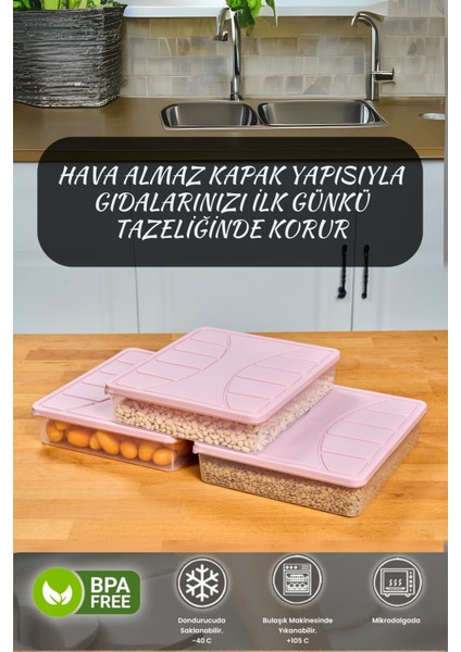 Saklama Kabı Silikon Kapak 3 Adet 3 Litre Pudra Pembe Dondurucu Kabı