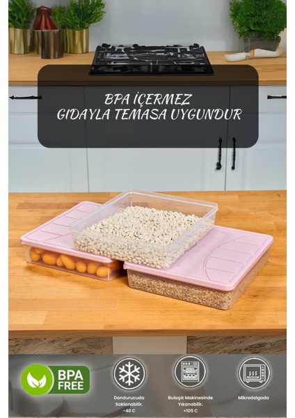 Saklama Kabı Silikon Kapak 3 Adet 3 Litre Pudra Pembe Dondurucu Kabı