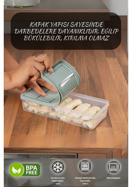 Saklama Kabı Silikon Kapak 3 Adet 3 Litre Su Yeşili Dondurucu Kabı