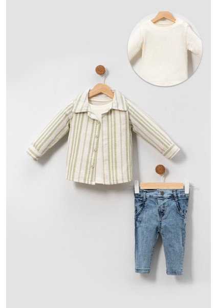 Yumuşak Doku Pamuklu Çizgi Detay Gömlekli Erkek Bebek Takım