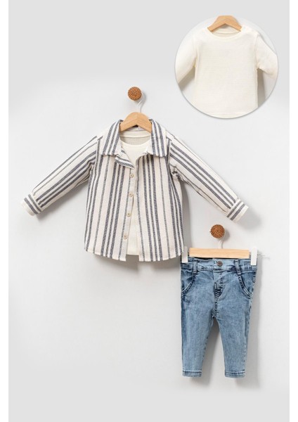 Yumuşak Doku Pamuklu Çizgi Detay Gömlekli Erkek Bebek Takım