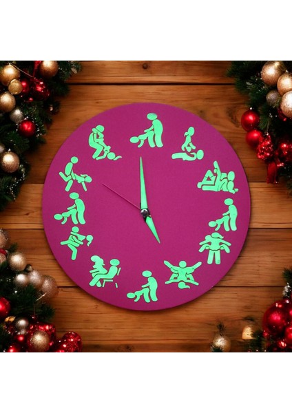 Kamasutra Fosforlu Mini Ahşap Magenta Pembe Duvar Saati Cam Yok Çap 22 cm